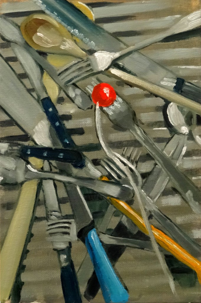 09/09/2014 : Couverts et Tomate Cerise - Huile sur toile 21 x 30 cm